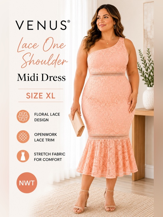 VENUS Dresses & Skirts - VENUS Lace One Shoulder Midi Dress XL Coral Peach Ruffle Hem Stretch
